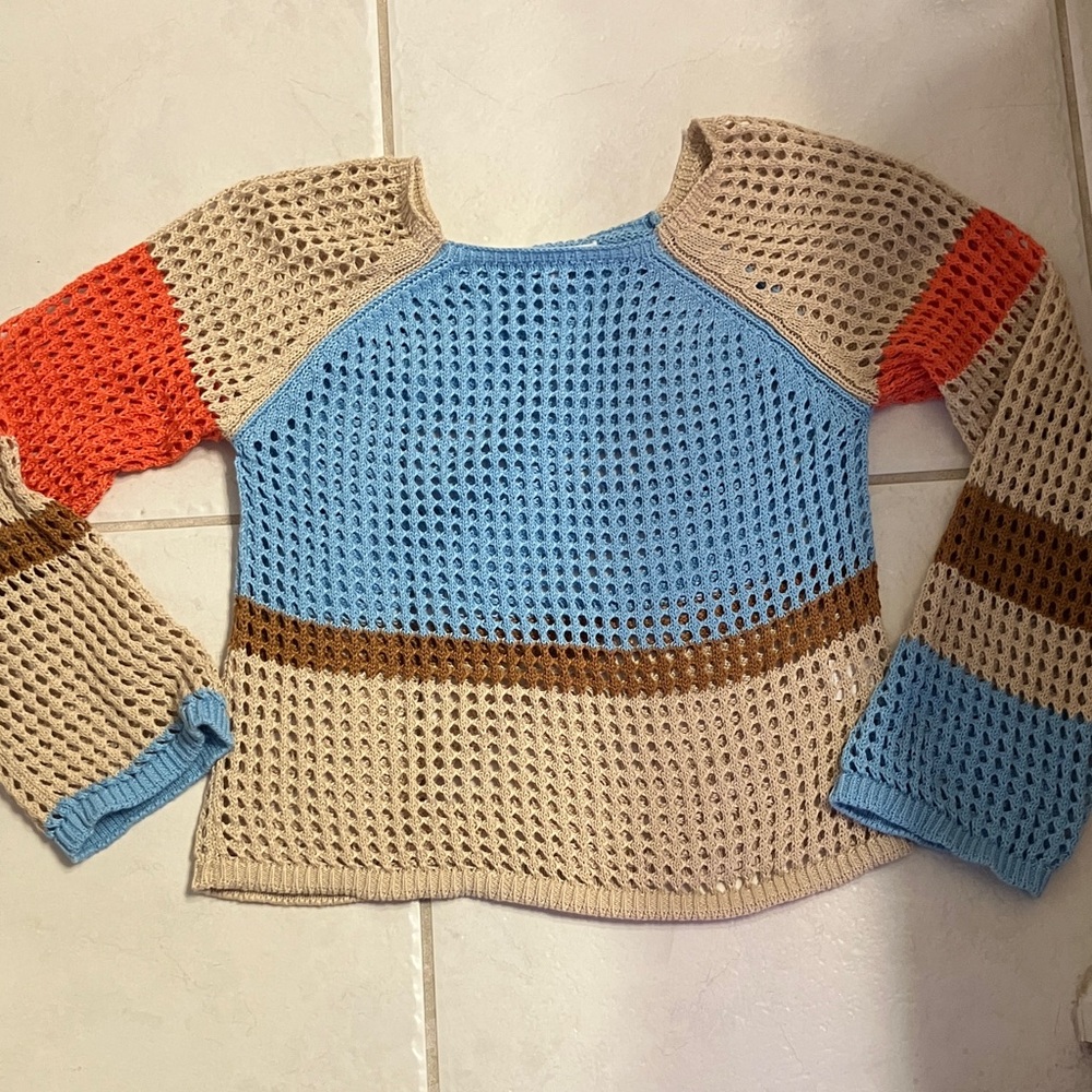 Crewneck Open Stitch Colorblock Sweater - Blue & Tan